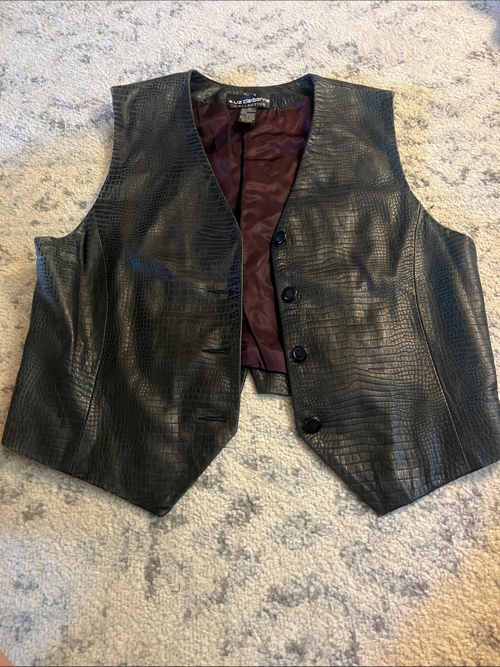 Liz Claiborne green Croc Leather Vest with Burgundy Lining size 12